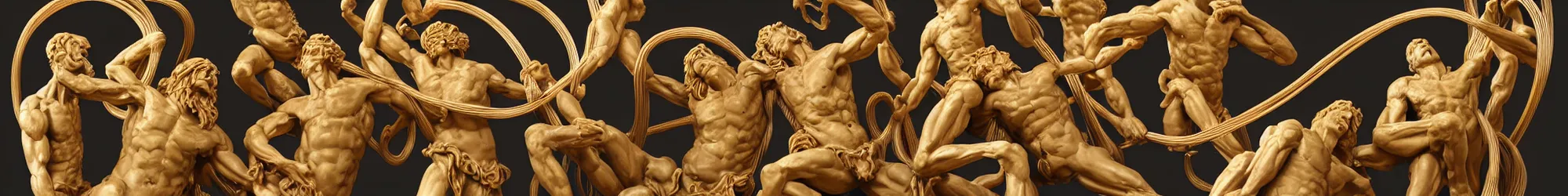 Prompt: long line-up of laocoon and his sons struggling with twisted golden wire, intertwined full body view, plastic injection mold toys, product photography, black background