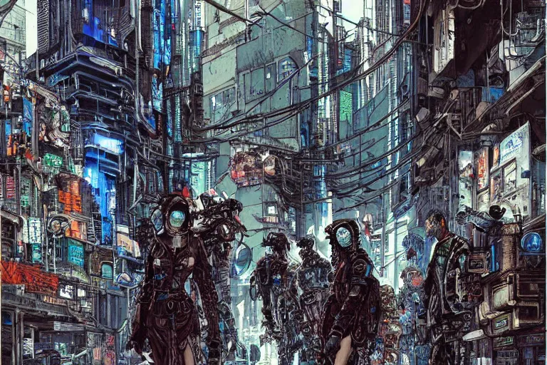 Prompt: a cyberpunk gang in the alleyway of a lofty city, gritty, cyberpunk ads, piping, cables, art deco architecture, graffiti, fine detail, intricate, polished, blue color scheme, digital art, illustration, by john smith and noriyoshi ohrai and tsutomu nihei