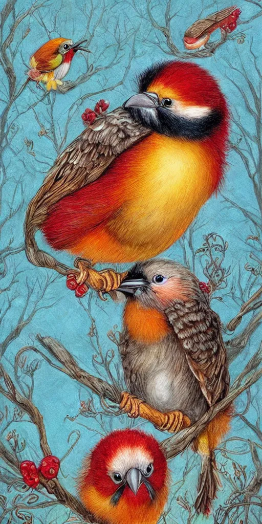 very detailed digital art of birds singing songs in a