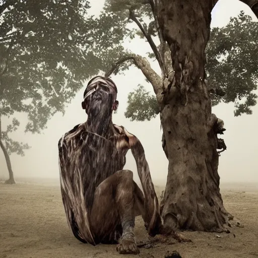 Image similar to The installation art shows a man caught in a storm, buffeted by wind and rain. He clings to a tree for support, but the tree is bent nearly double by the force of the storm. The man's clothing is soaked through and his hair is plastered to his head. His face is contorted with fear and effort. Babylonian by Bruno Munari, by Kazuo Koike energetic