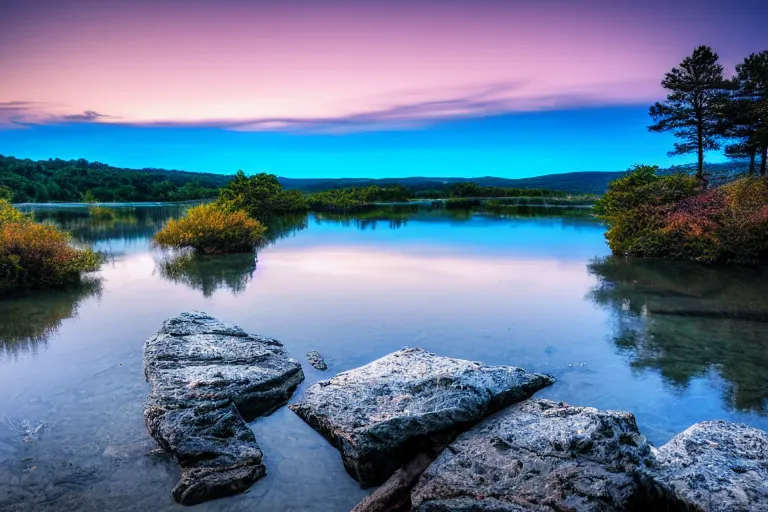 Prompt: beautiful nighttime landscape photography of the Ouachita Mountains with a crystal blue lake, serene, desk, sunset, setting sun, dramatic lighting.