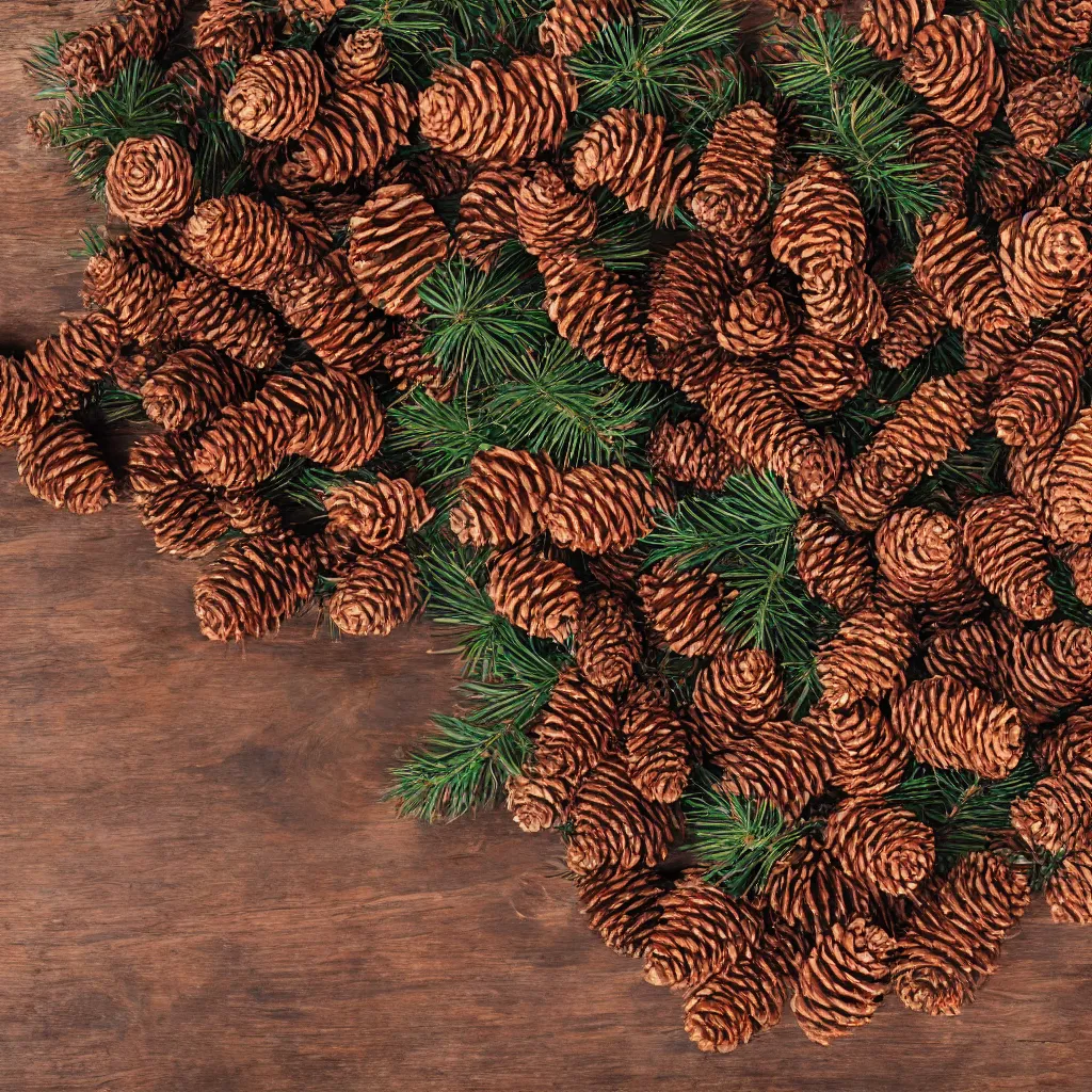 Image similar to top-down view of pinecones on top of a wooden table, 4k, photorealistic