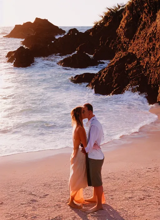 Image similar to A hyper realistic and detailed photography of a couple kissing from movie Here to Eternity, laying on secluded beach. by Cameron Hammond. Cinematic. Golden Hour. Kodak Portra 400. Lens flare. 35mm lens