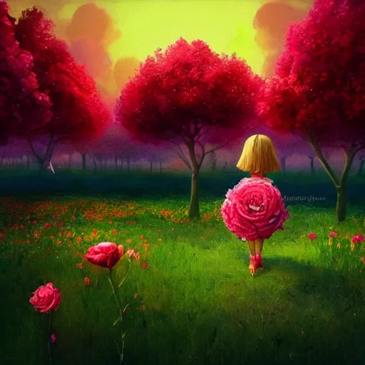 Image similar to giant rose as a head, girl walking in a flower field, surreal photography, sunrise dramatic light, impressionist painting, colorful clouds, digital painting, artstation, simon stalenhag