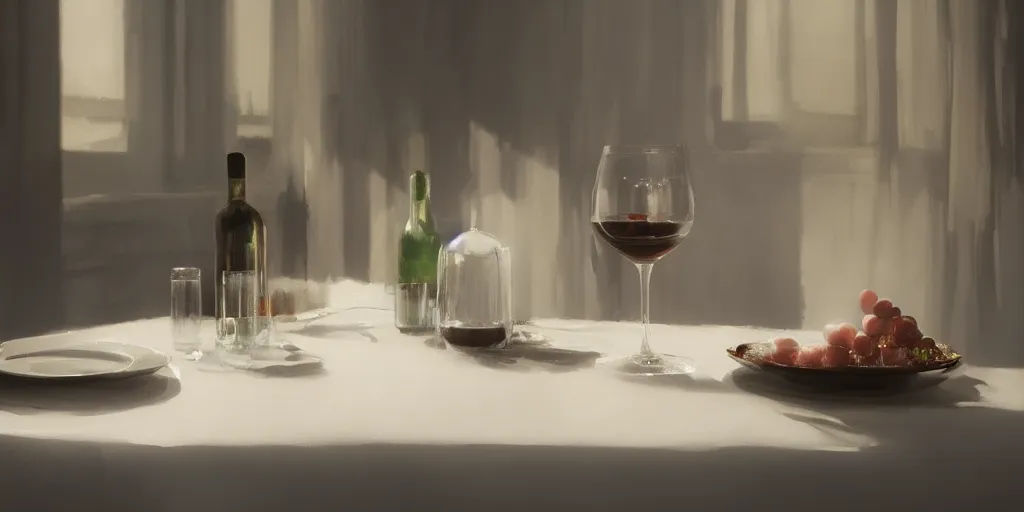 Prompt: A glass of wine on a table with a white tablecloth, detailed oil painting, cinematic angle, hyperrealistic, breathtaking, volumetric lighting, cinematic lighting, dynamic, Studio Ghibli, digital art, octane render, epic composition, trending on artstation, masterpiece