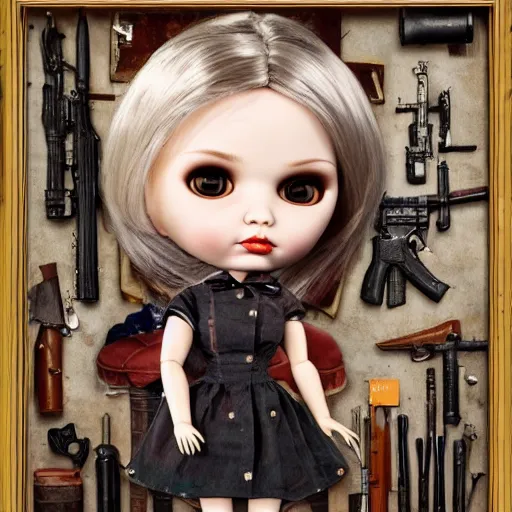 Prompt: doll next to weapons, hand grenades, rpg, by mark ryden, breathtaking, 8 k resolution, extremely detailed, beautiful