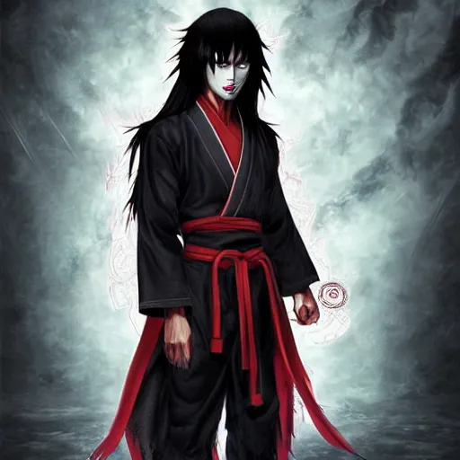 Image similar to demon martial artist, handsome japanese demon boy, young adult yokai with long spiky black hair, vampire, vantablack gi, simple clothes, red eyes, ultra realistic, intricate details, highly detailed, subsurface scattering, photorealistic, octane render, 8 k, art by artgerm, greg rutkowski, magali villeneuve, alphonse mucha