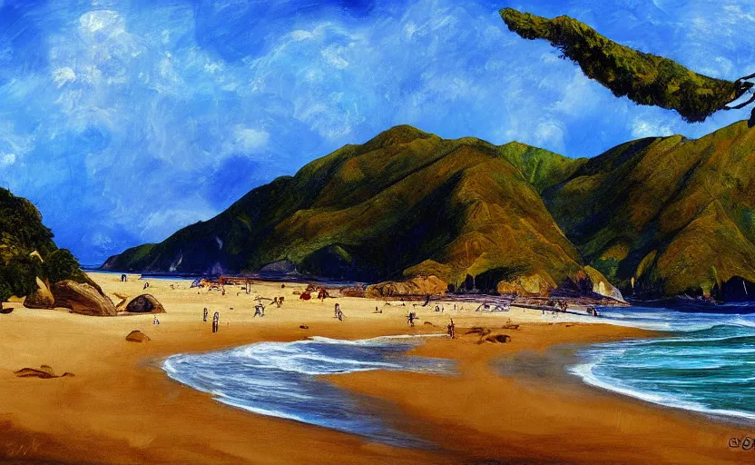 Image similar to golden bay abel tasman new zealand in the style of Caravaggio, digital art, high quality, highly detailed, high coherence, anatomically correct, Caravaggio, concept art, marterpiece