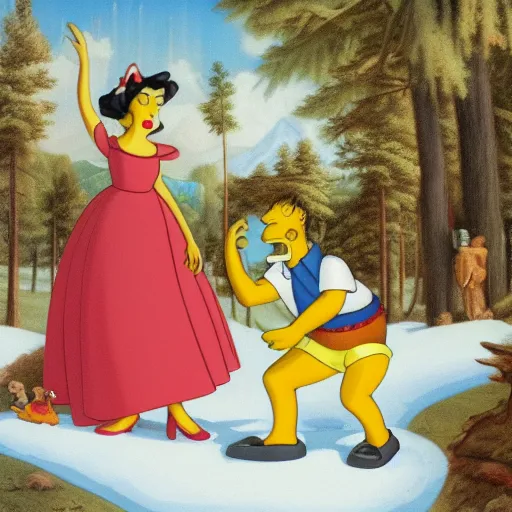 Prompt: Homer Simpson dancing with Snow White in a forest, Neoclassical painting
