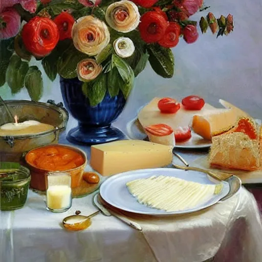 Image similar to a table full of traditional Swedish food, candles, cheese, schnapps, painting by Vladimir Volegov