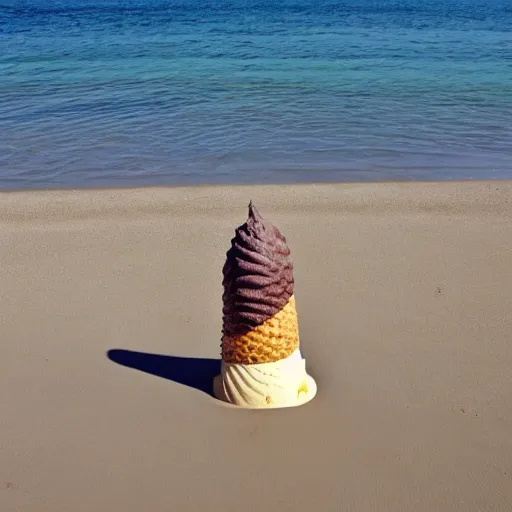 Image similar to a giant ice cream cone laying at the beach