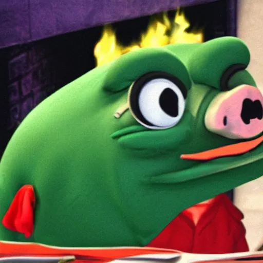 Prompt: Pepe the pig set on the fire british parliament