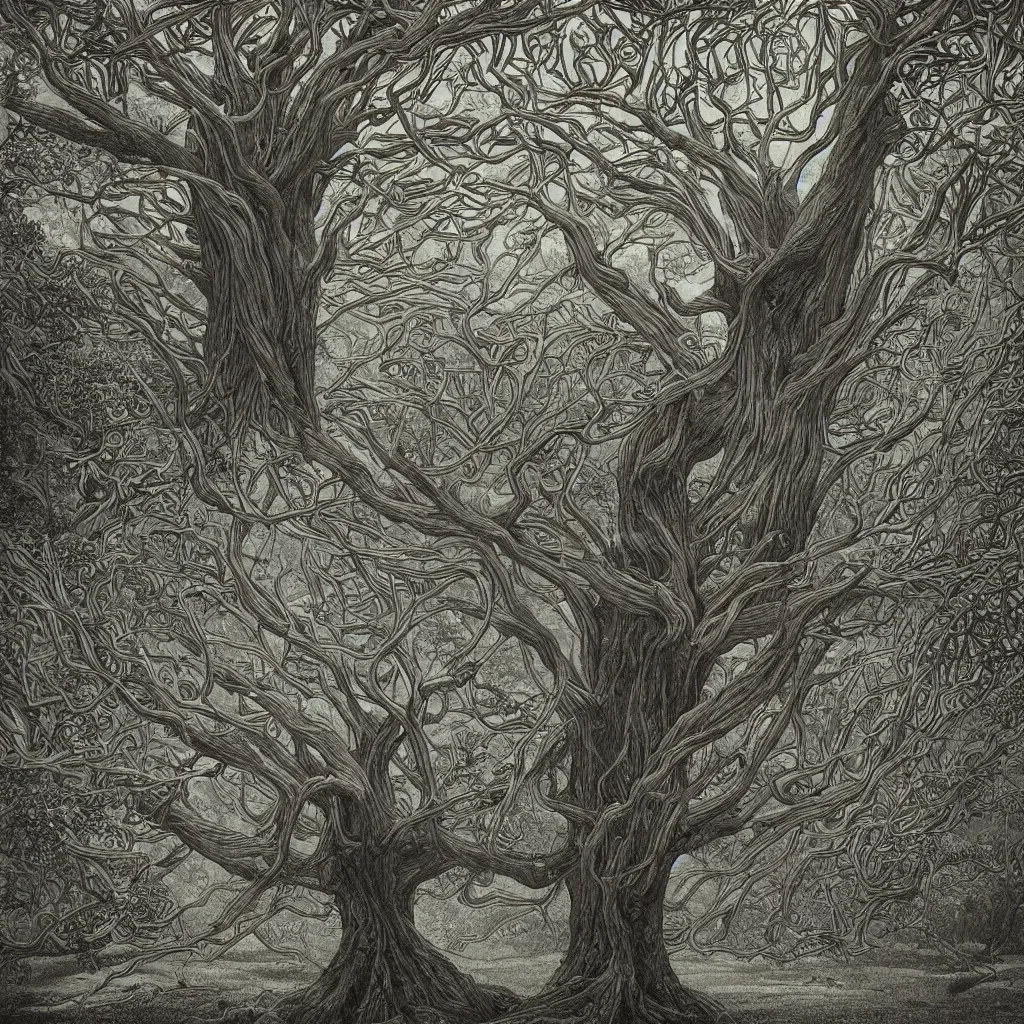 Image similar to tree of life, yggdrasil, moody lighting, by moebius, by laurie lipton