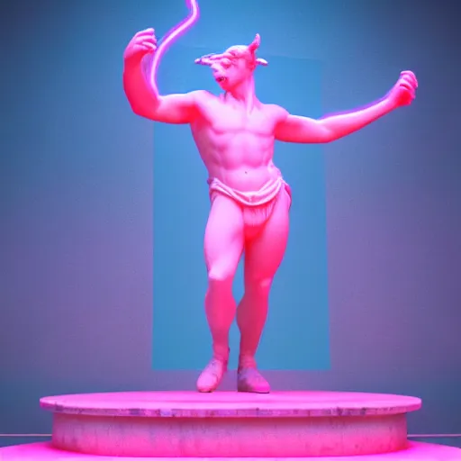 Image similar to unreal engine octane render houdini hyperreallistic render 8k marble statue of the minotaur vaporwave blue and pink neon background