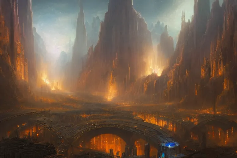Image similar to an intricate matte painting of An epic galactic boardgame played by the gods , highly detailed iridescent dimly lit exterior with shafts of iridescent light bouncing off magical realms, by Christophe Vacher and Bastien Lecouffe-Deharme, trending on artstation