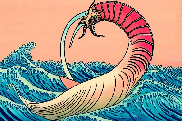 Image similar to ukiyoe painting of in a cambrian era ocean swims a nautilus above pink sand, trending on artstation