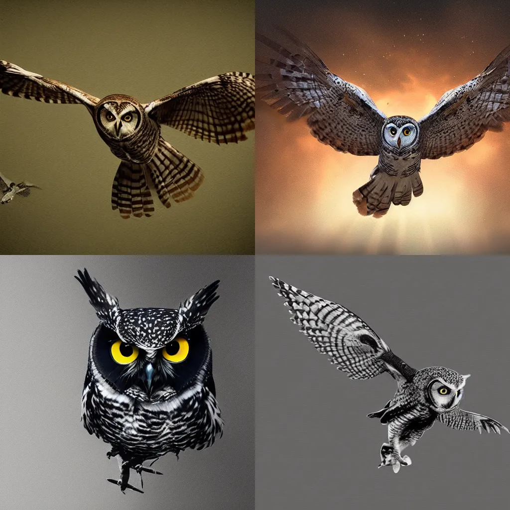 Prompt: concept art of an owl taking flight against a dark background. Digital art, Detailed, realistic, UHD