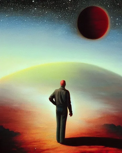 Image similar to a painting of a man standing in front of a planet, a detailed matte painting by david a. hardy and by david a hardy and by clyde caldwell, featured on deviantart, space art, sci - fi, dystopian art, matte painting