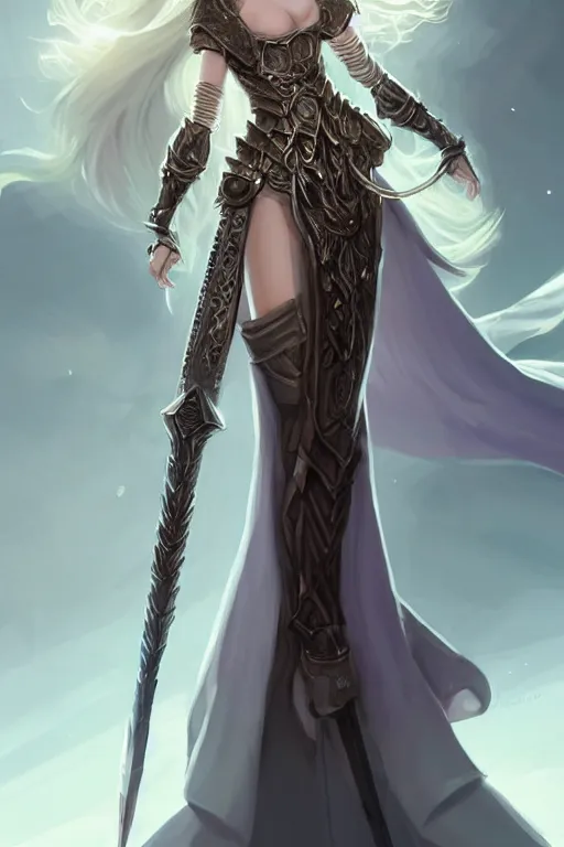 Image similar to a full body portrait of a gorgeous female paladin, D&D, choker on neck, stylish dress, very long flowing hair, intricate, elegant, stylish, cute slightly nerdy smile, mouth slightly open, fantasy, extremely detailed, digital painting, artstation, concept art, smooth, sharp focus, illustration, art by artgerm and greg rutkowski and alphonse mucha