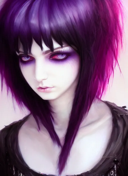 Image similar to hair blackbangs hair, white cyberlox, portrait of normal teenage girl, normal face, black bangs, messy bangs, fluffy bangs, cyberlox, whitebangs, red contact lenses, purple background, intricate, elegant, highly detailed, digital painting, artstation, concept art, sharp focus, smooth, illustration, art by wlop, mars ravelo and greg rutkowski