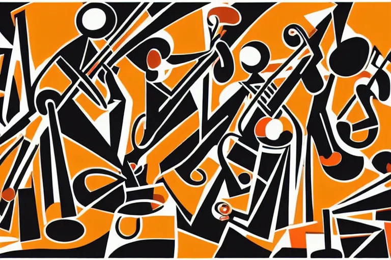 Prompt: Stylized abstract art of jazz musicians playing along with musical notes in the style of Stuart Davis