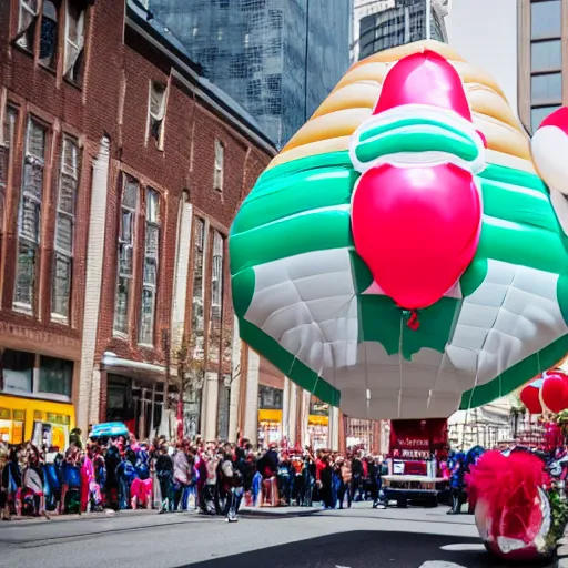 Prompt: photo of a Macy's balloon shaped like a matzah, parade photography