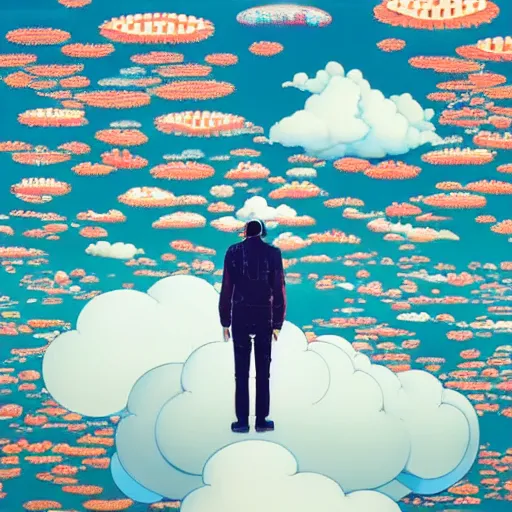 Image similar to a man walking on clouds away from the camera above kyoto by takashi murakami, beeple and james jean, aya takano color style, 4 k, super detailed, modern, 4 k, symmetrical