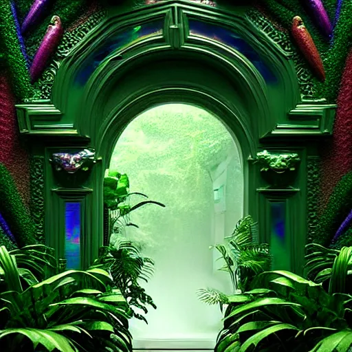 Prompt: giant iridescent doorway leading to a lush jungle, raining, foggy, moody, : : by jeff koons, dan mcpharlin daniel merrian : : ornate, dynamic, particulate, rich colors, intricate, elegant, highly detailed, centered, artstation, smooth, sharp focus, octane render, 3 d