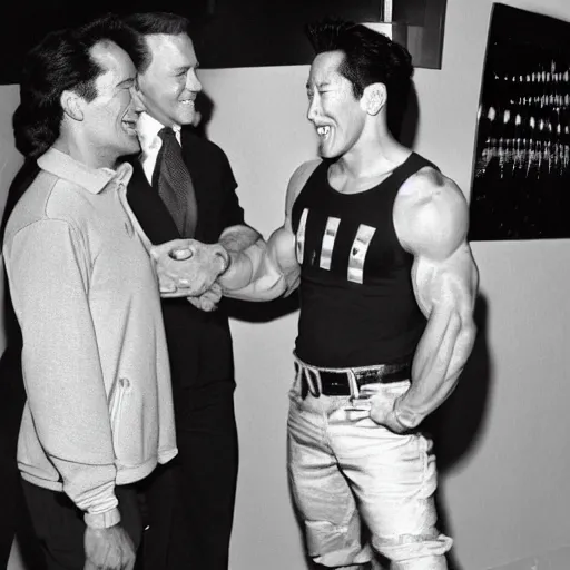 Prompt: old black and white photograph of arnold schwarzenegger meeting markiplier, both laughing, photorealistic