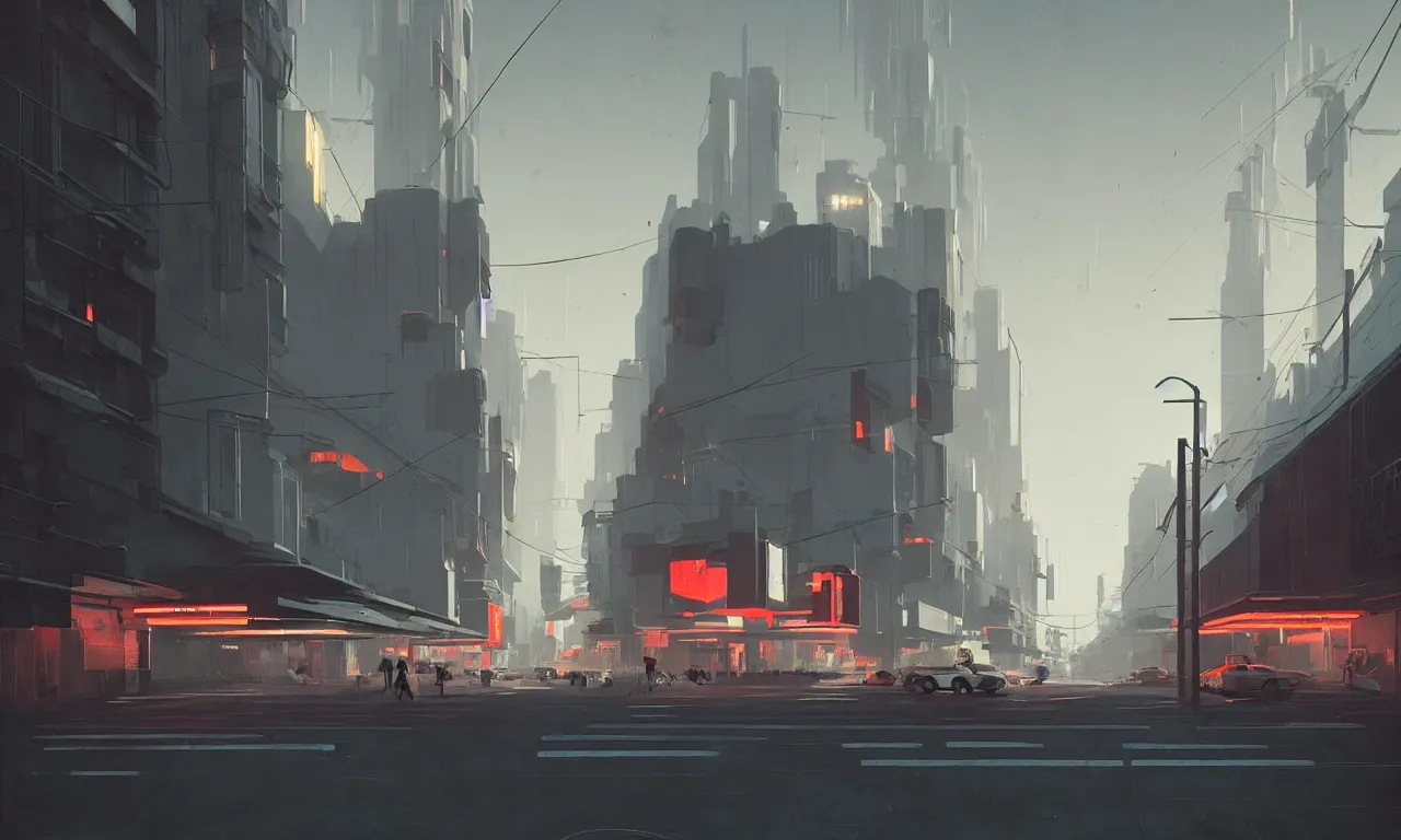 Image similar to streetscape, simple brutalist architecture, white neon lighting, neon signs, flying vehicles, pedestrians, greg rutkowski, syd mead, ralph mcquarrie, concept art, matte painting, finely detailed, minimal artifacts, rule of thirds, dynamic lighting, cinematic, detailed, denoised, centered