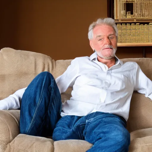 Image similar to mature man is sitting gracefully on a sofa