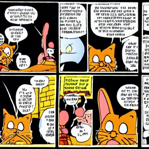 Image similar to heathcliff the cat shooting garfield the cat in the style of a comic strip, george gately, peter gallagher, jim davis