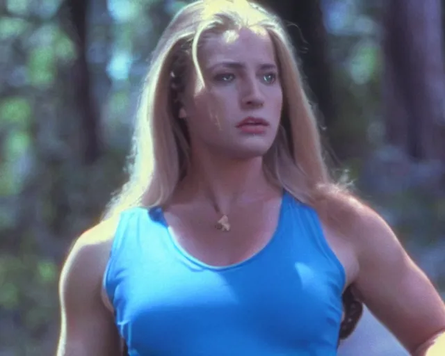 Prompt: a still of full body Sarah Bryant in her blue body suit, of Virtua Figther, in the movie Hard Target (1993), HDR, high quality, 8k, highly detailed and intricate,