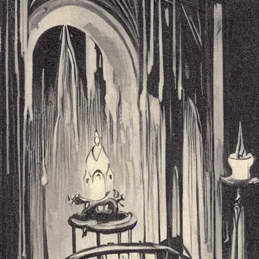 Prompt: candle lights flicker where the air is deathly still inside the haunted house 🏚 where ghost hosts welcome new victims / residents marc davis art deco art nouveau gothic art oil on canvas photoillustration 1 9 0 0 s photograph flickering light