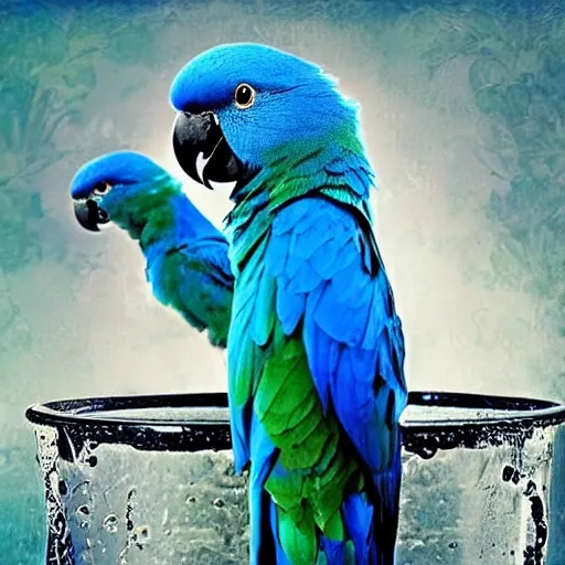 Image similar to blue parrots emerging from fluids mixing, atmospheric liquids, ornate intricate, hyper realistic, 16k, post processing, saturated blue colors, nature background