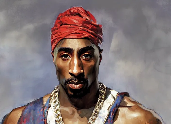 Image similar to a highly detailed beautiful portrait of tupac shakur as kratos, by gregory manchess, james gurney, james jean