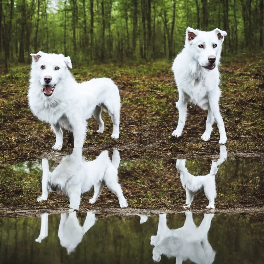 Image similar to white siberian laika dog, with reflection in the puddle, foggy old forest, very detailed, 4 k, professional photography