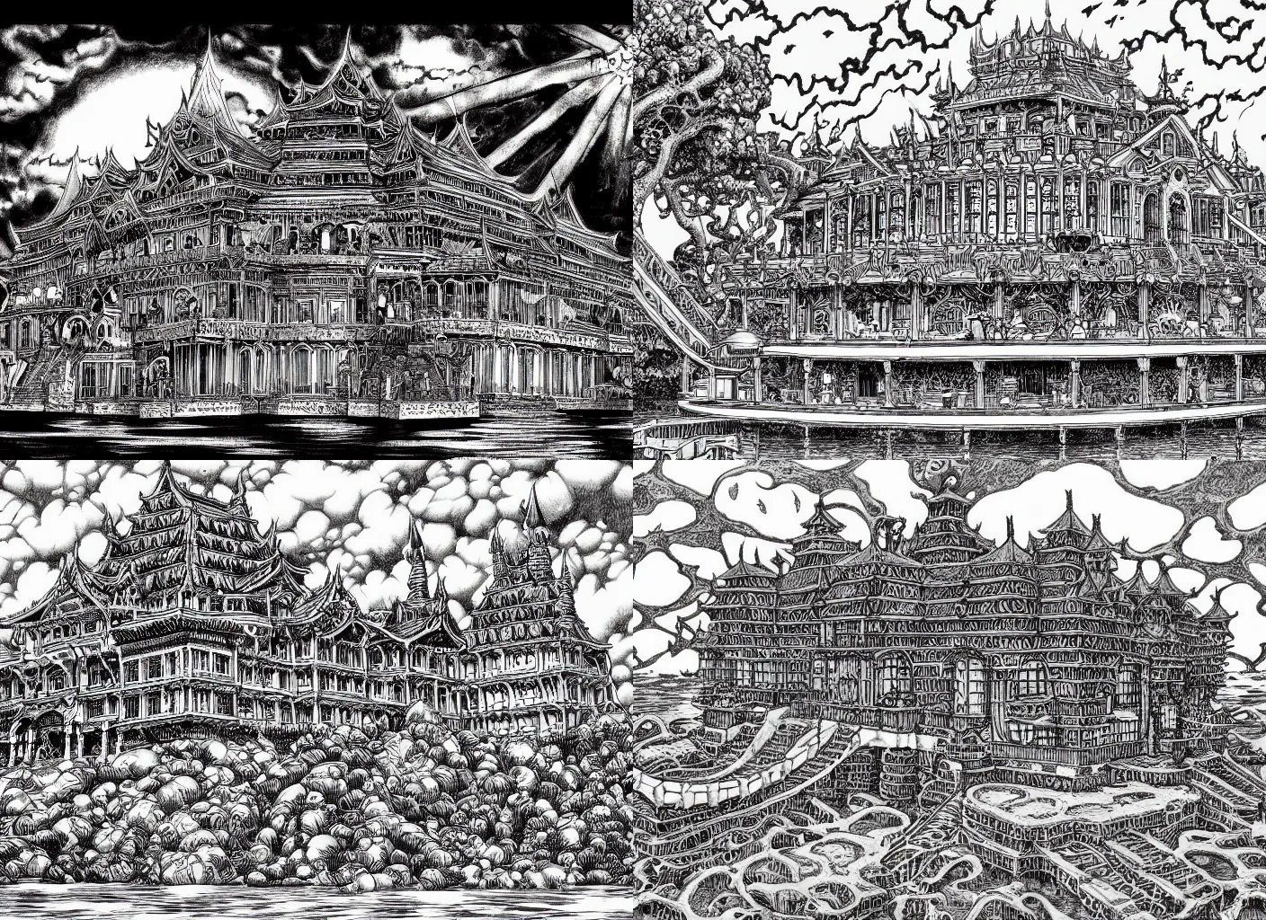 Prompt: A palace floating on an island, drawn by Kentaro Miura, ink, manga, maximalist, high detail, 8k