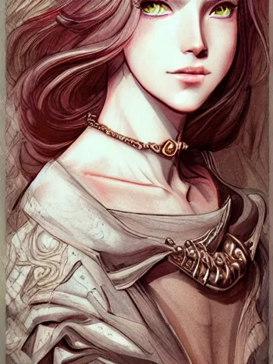 Prompt: a woman's face, baroque style, elegant, beautiful, mesmerizing, concept art, fancy clothing, highly detailed, artstation, behance, deviantart, inspired by innocent manga, inspired by castlevania concept art, trending, ayami kojima, shinichi sakamoto