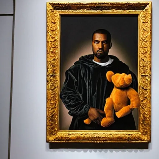 Image similar to A renaissance painting of Kanye West with a anthropomorphic Teddy Bear mascot, portrait, album cover,