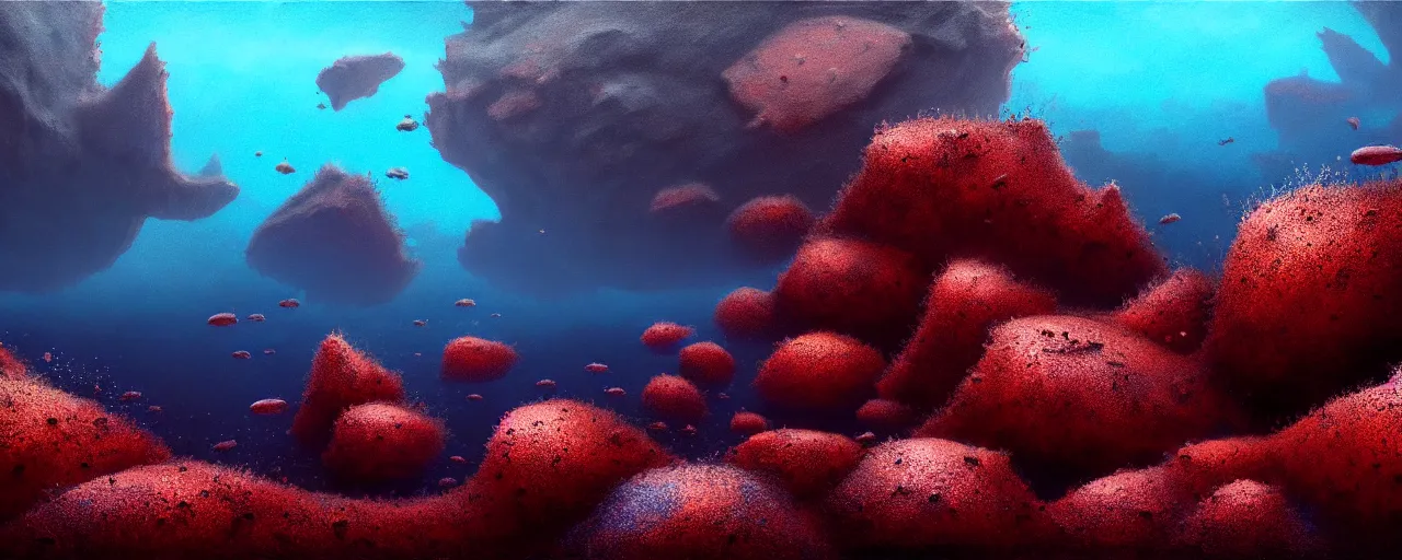 Image similar to A gorgeous detailed oil of a dark red sea covered in big blue steep rocks, a school of piranhas underwater, the further away the mistier it gets, surreal, concept art, dark aesthetic, atmospheric, moody, hyperrealism, highly detailed, masterpiece, award winning, 4k, unreal engine