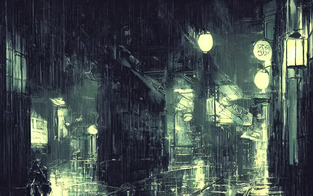 Image similar to !dream concept art, dark wet london alley at night, by ashley wood, by roger deakins, in the style of syd mead atmospheric