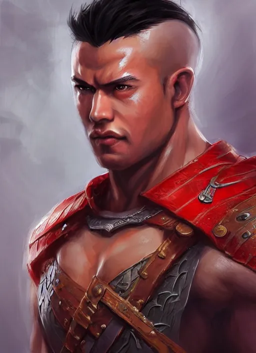 Prompt: muscly asian man with medium black parted hair, dndbeyond, bright, colourful, realistic, dnd character portrait, full body, pathfinder, pinterest, art by ralph horsley, dnd, rpg, lotr game design fanart by concept art, behance hd, artstation, deviantart, hdr render in unreal engine 5