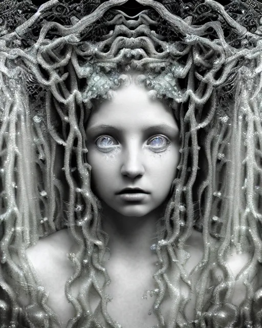 Prompt: surreal mythical dreamy underwater artistic bw photo of a beautiful young female angelic - medusa - cyborg covered with fish scales and algae, highly detailed, intricate crystal ivy jelly fish scales ornate, poetic, octane render, 8 k, photo - realistic, in the style of gustave dore and preraphaelites