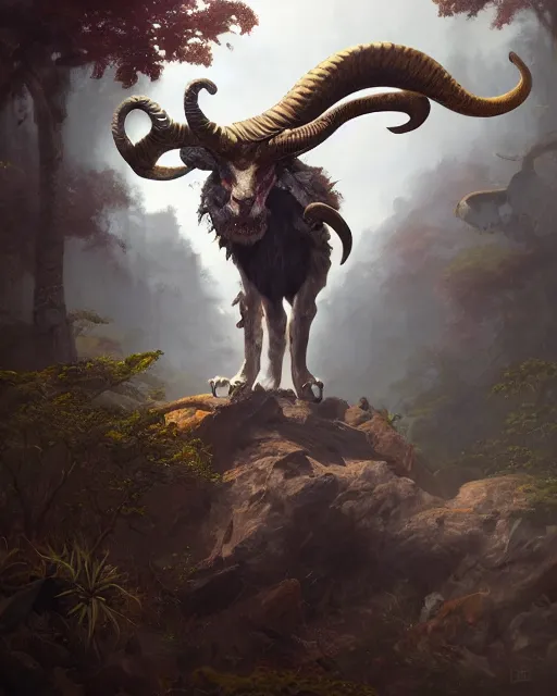 Image similar to oil painting of a Anthropomorphized chimaera with goat head, snake head, lion head, sharp focus, heroic pose, fantasy style, octane render, volumetric lighting, 8k high definition, by greg rutkowski, highly detailed, trending on art Station, magic the gathering artwork, Woodland background, centered