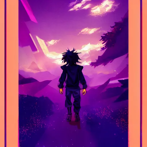 Prompt: manga cover of a shattered young prince, running to the horizon for a brand new start, golden rays of sunlight, purple, blue and pink colors, cyberpunk, hopeful, anime, manga, magical, dark vibes, matte painting