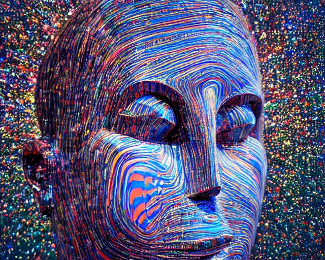 Image similar to a giant sculpture of an abstractly shaped head with stars around it, in the style of chad knight, award winning, cinematic, hyper - realistic, very detailed, realistic water splashes, ray tracing, 8 k resolution, long - shot, sharp focus, low angle, 8 5 mm photograph, wide lens