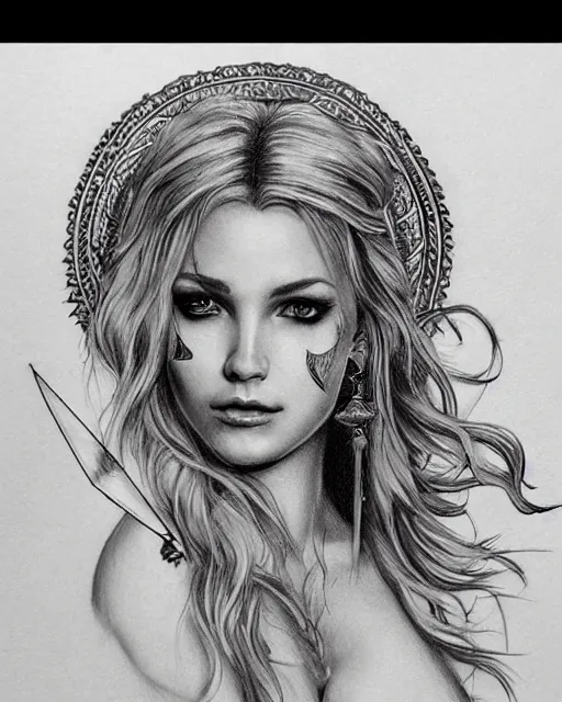 Image similar to tattoo sketch of beautiful greek goddess aphrodite with arrowhead earrings, beautiful piercing eyes, flowing blonde hair, realistic face, hyper realistic, in the style of greg rutkowski, fantasy, amazing detail, epic, intricate, elegant, smooth, sharp focus