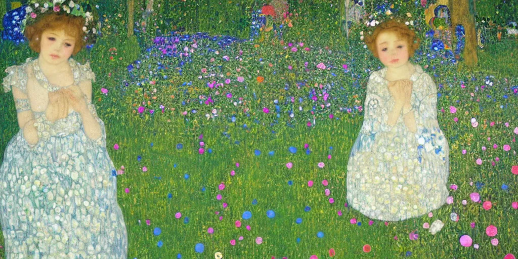 Prompt: a fresco of in gorgeous green garden, a little girl in white lolita sitting on a white chair surrounded by golden ribbons and floating flower petals, flowers have various colors, in a luxurious style, by klimt