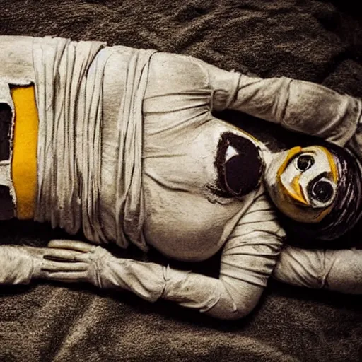 Prompt: photograph of a disgusting decomposing minion mummy lying in its sarcophagus, highly detailed